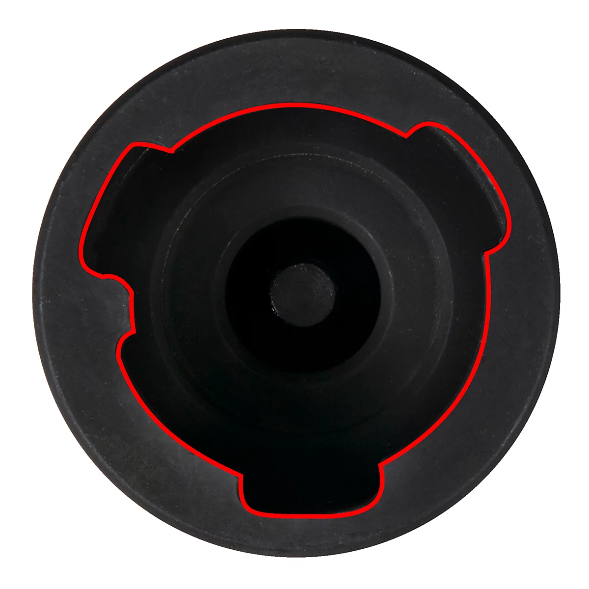 Dunkle, kreisförmige Metallkomponente mit roter Kontur. In der Mitte ein kleines Loch, umgeben von einer strukturierte Oberfläche.